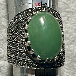Jade Marcasite  Large Sterling  Silver Ring